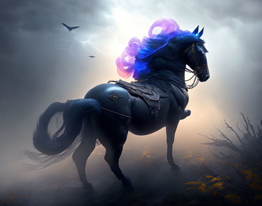 Majestic black horse with glowing blue mane in dark, misty landscape