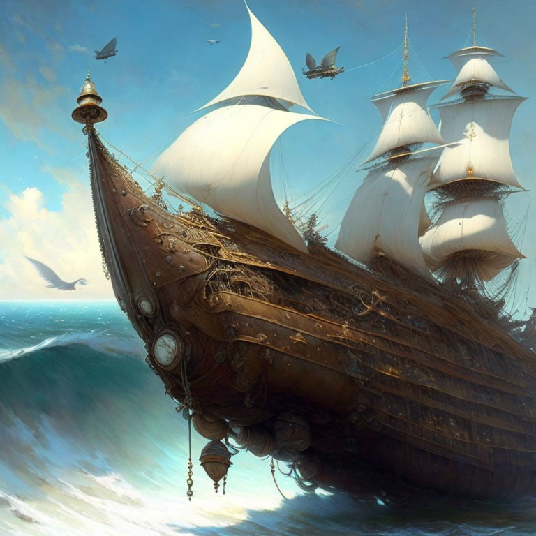 Intricately detailed olden ship sailing turbulent seas under blue sky