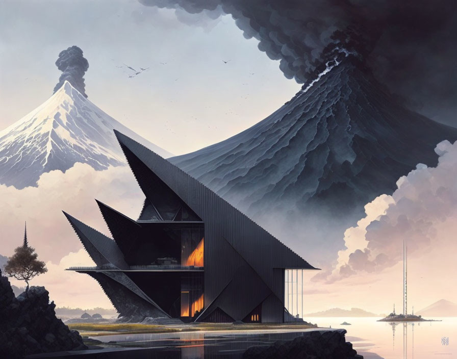 Futuristic building near water with erupting volcano under hazy sky