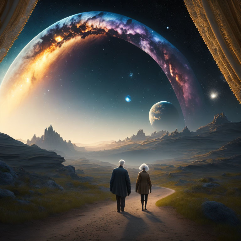 Couple admiring alien landscape with ringed planet in starry sky