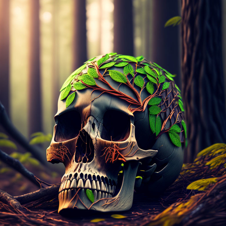 Skull with green ivy on forest floor and trees.