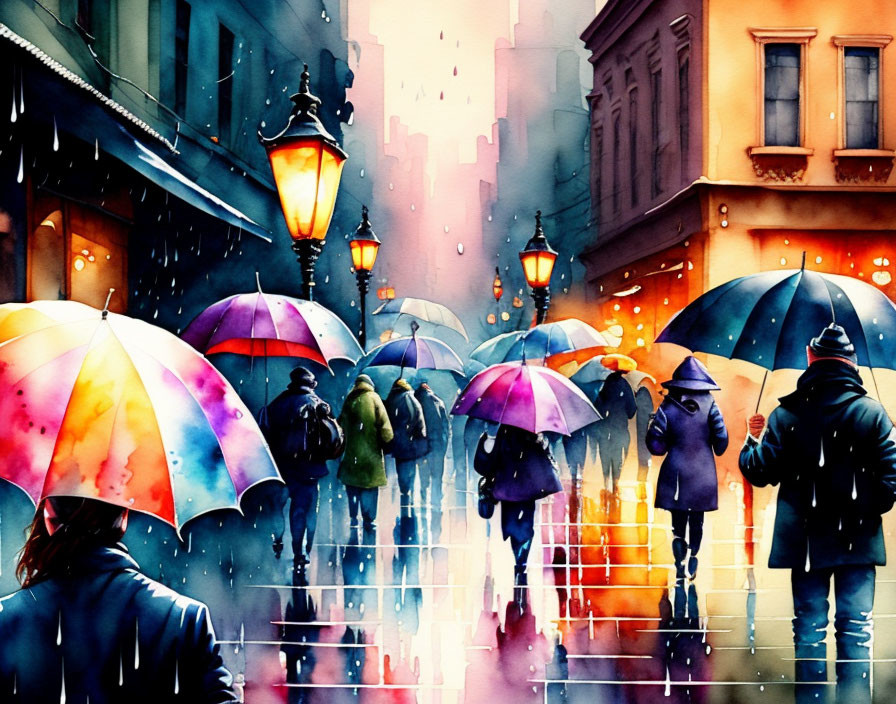 Vibrant watercolor painting of rainy city street with colorful umbrellas