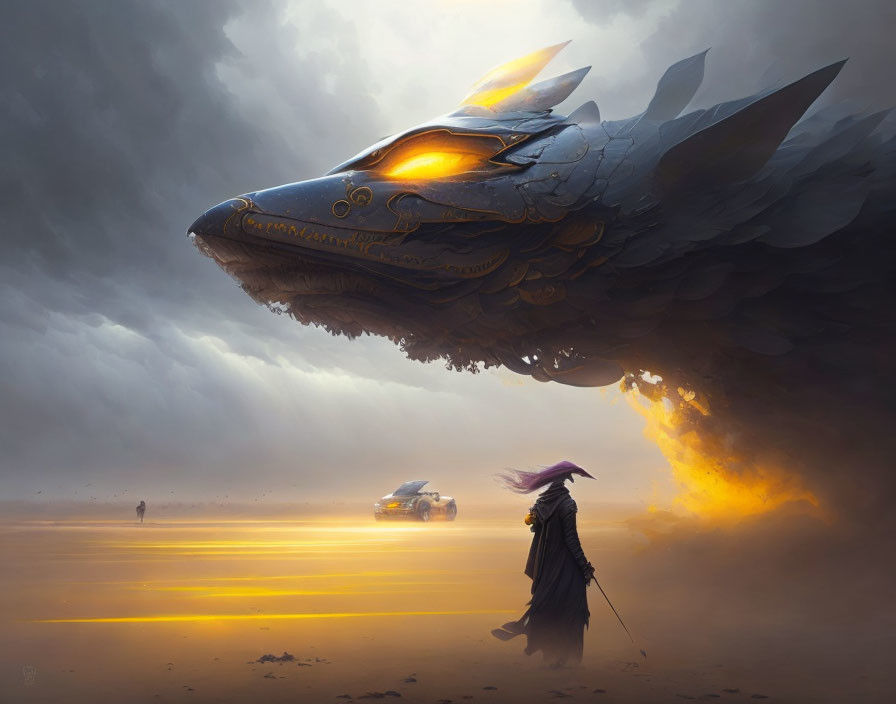 Majestic dragon, cloaked figure, futuristic car in desert landscape