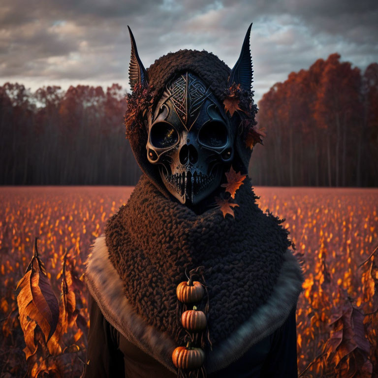 Person in dark skull mask with horns in field with orange foliage under dusky sky