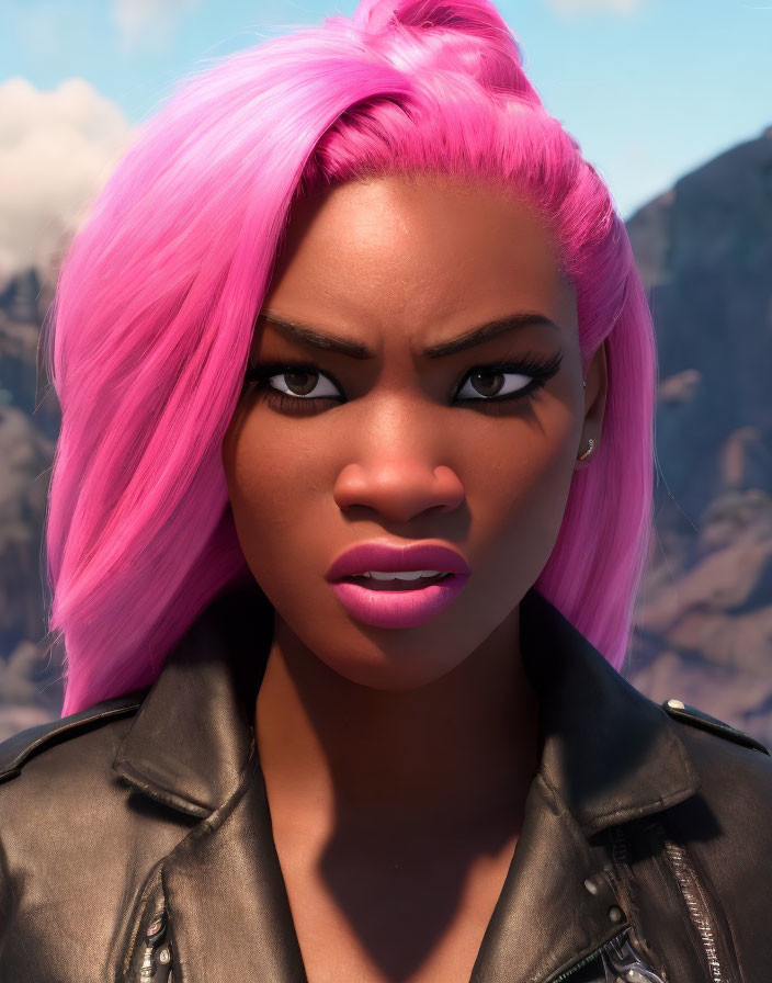 Bright Pink-Haired 3D Character in Leather Jacket on Mountainous Background