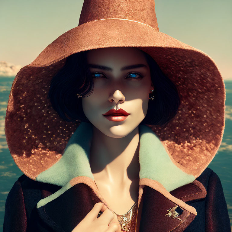 Bobbed Hair Woman in Large Brimmed Hat and Fur Collar Coat on Blue Sky Background