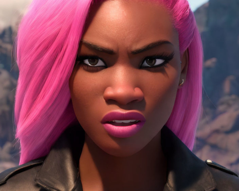 Bright Pink-Haired 3D Character in Leather Jacket on Mountainous Background