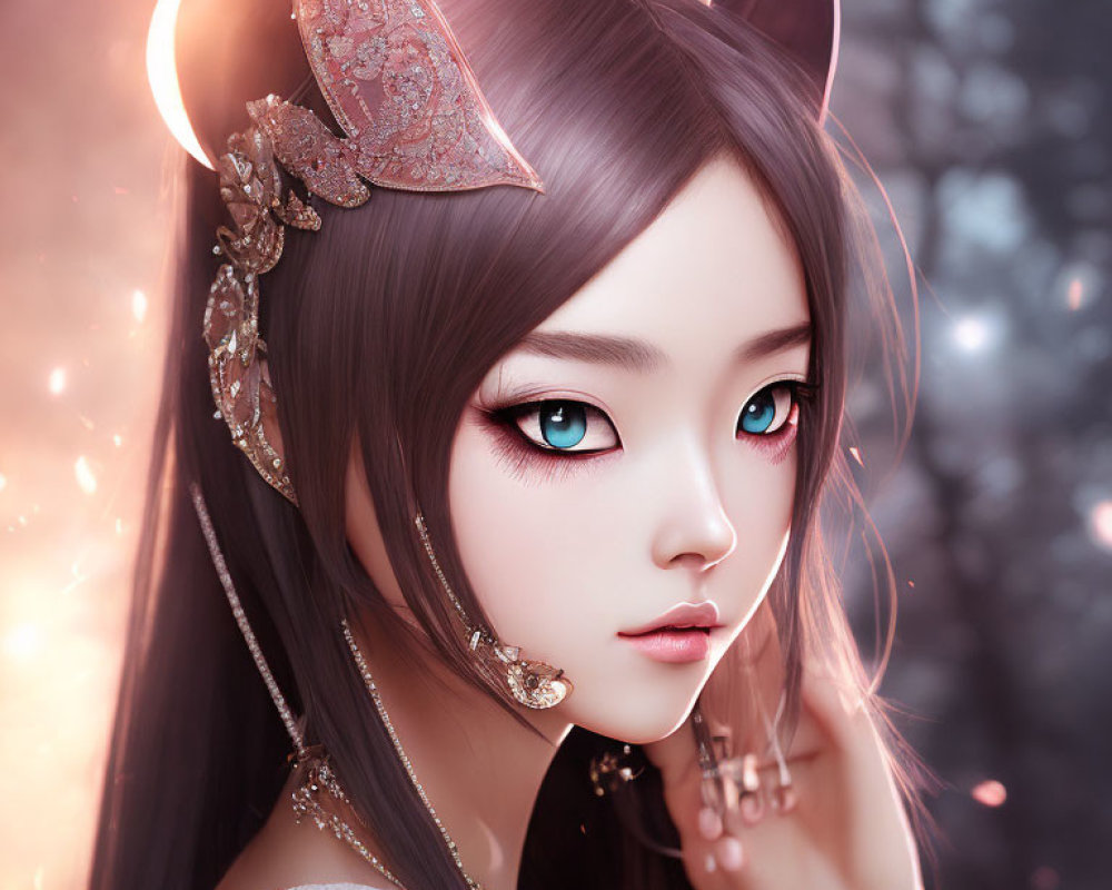 Digital artwork: Girl with expressive eyes, cat ears, ornate jewelry on pink backdrop