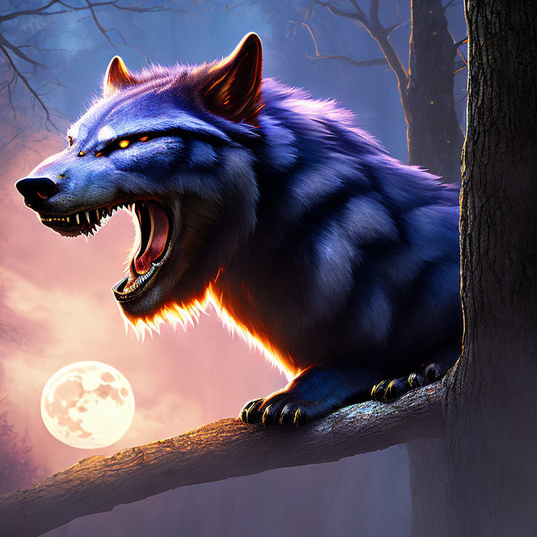 Blue-Furred Wolf with Glowing Amber Eyes Under Full Moon