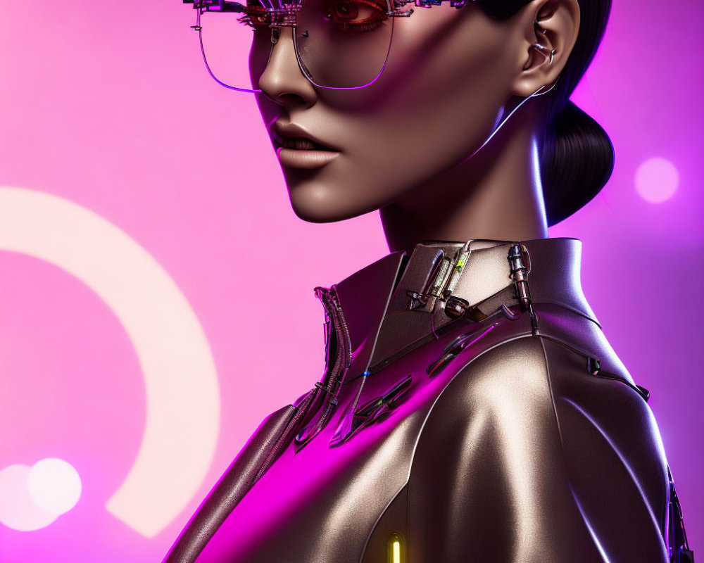Sleek-haired female in reflective glasses and high-collar jacket on neon pink background