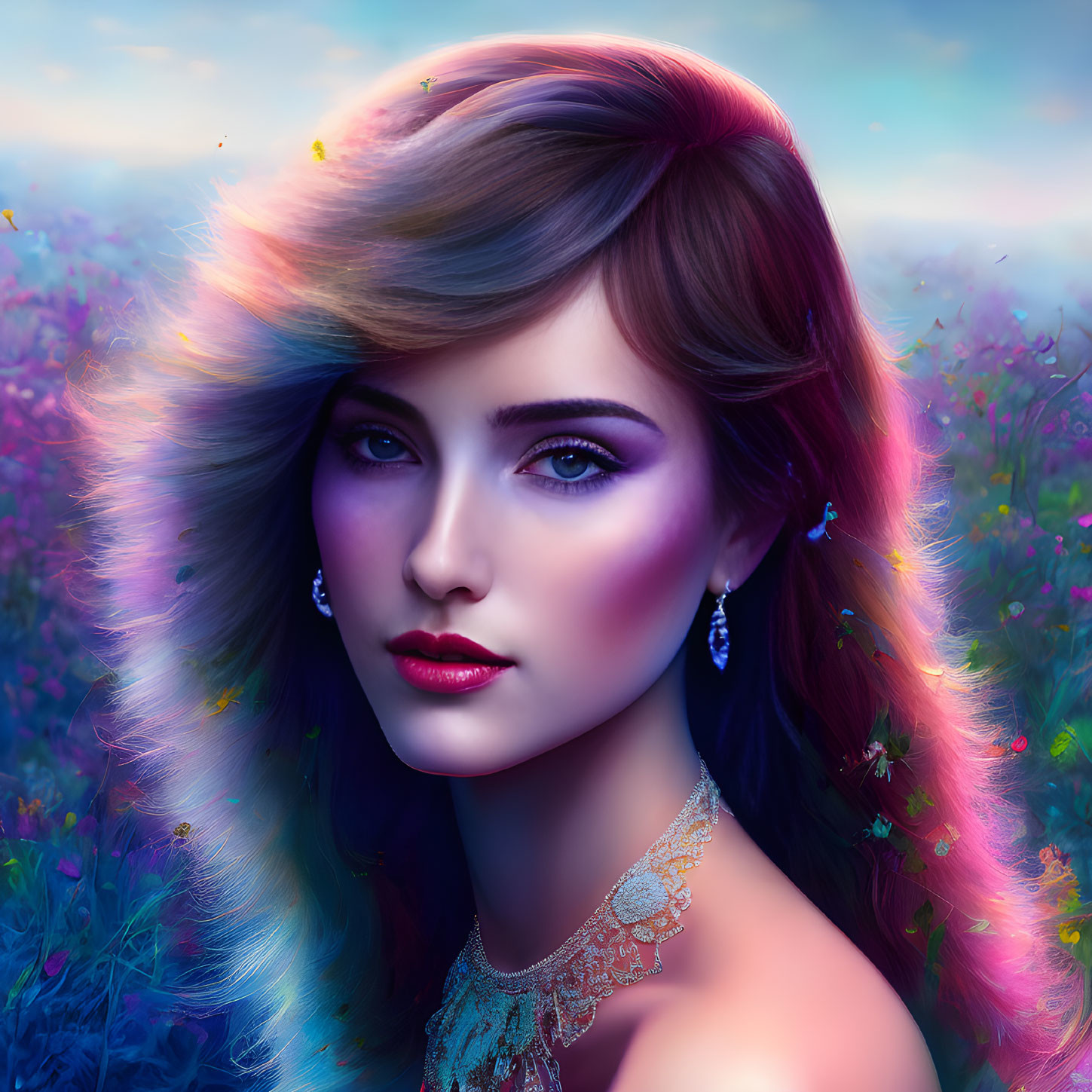 Digital Artwork: Woman with Voluminous Hair and Purple Makeup in Colorful Dreamy Meadow