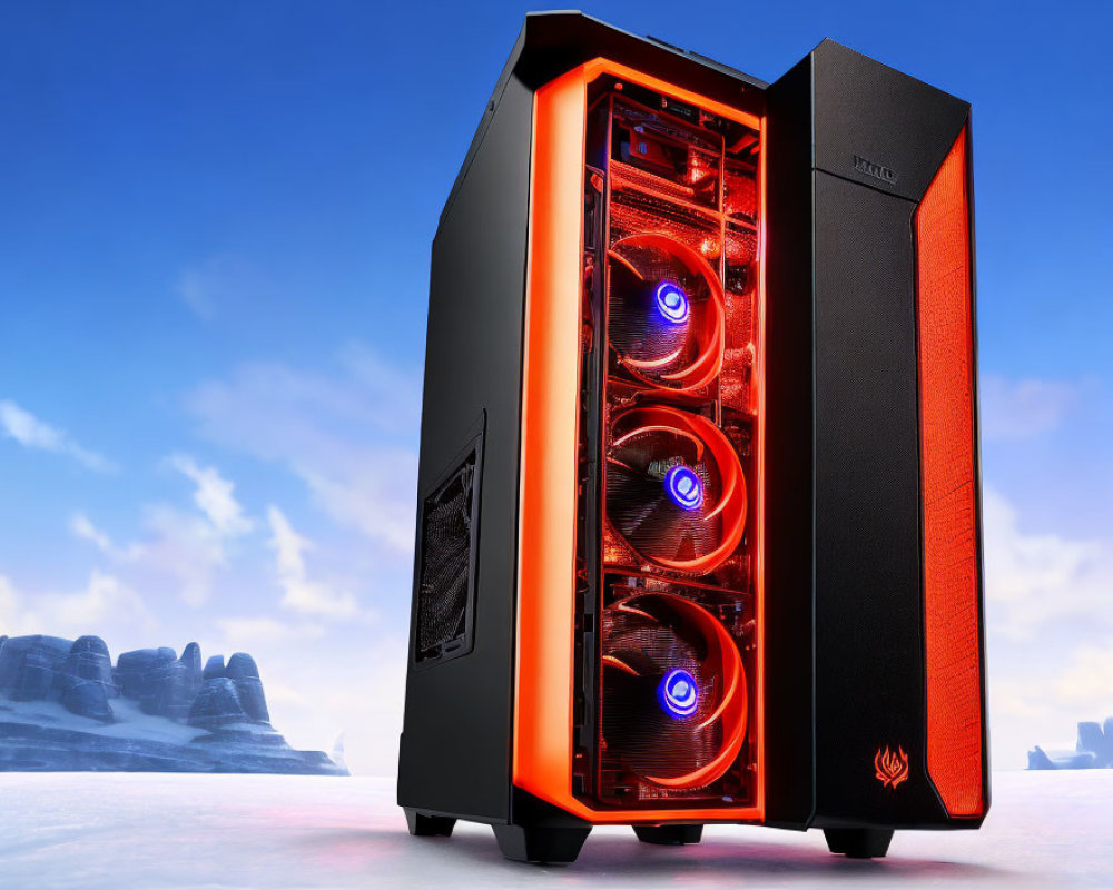 Red LED Gaming PC with Three Cooling Fans in Snowy Landscape