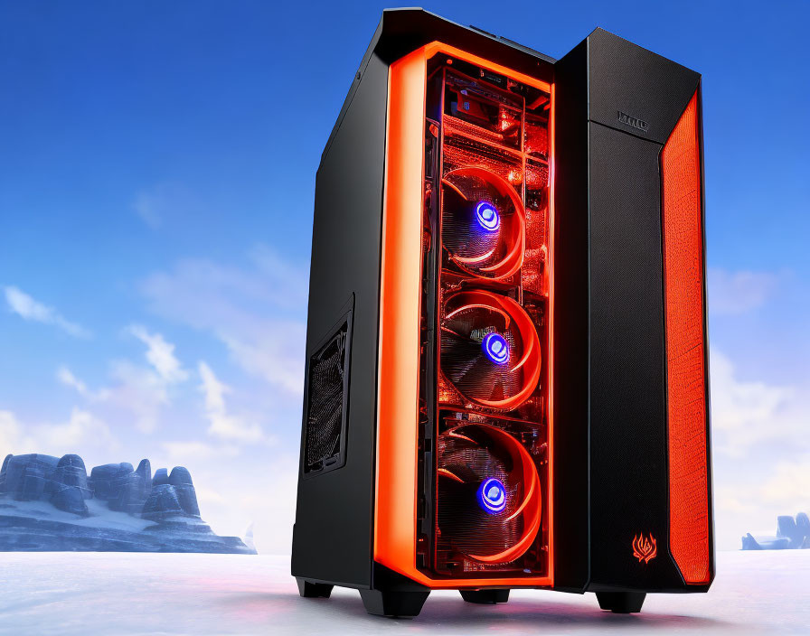 Red LED Gaming PC with Three Cooling Fans in Snowy Landscape