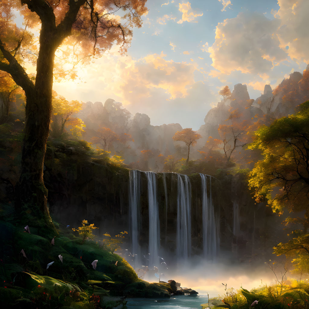 Autumnal forest waterfall in golden sunrise light