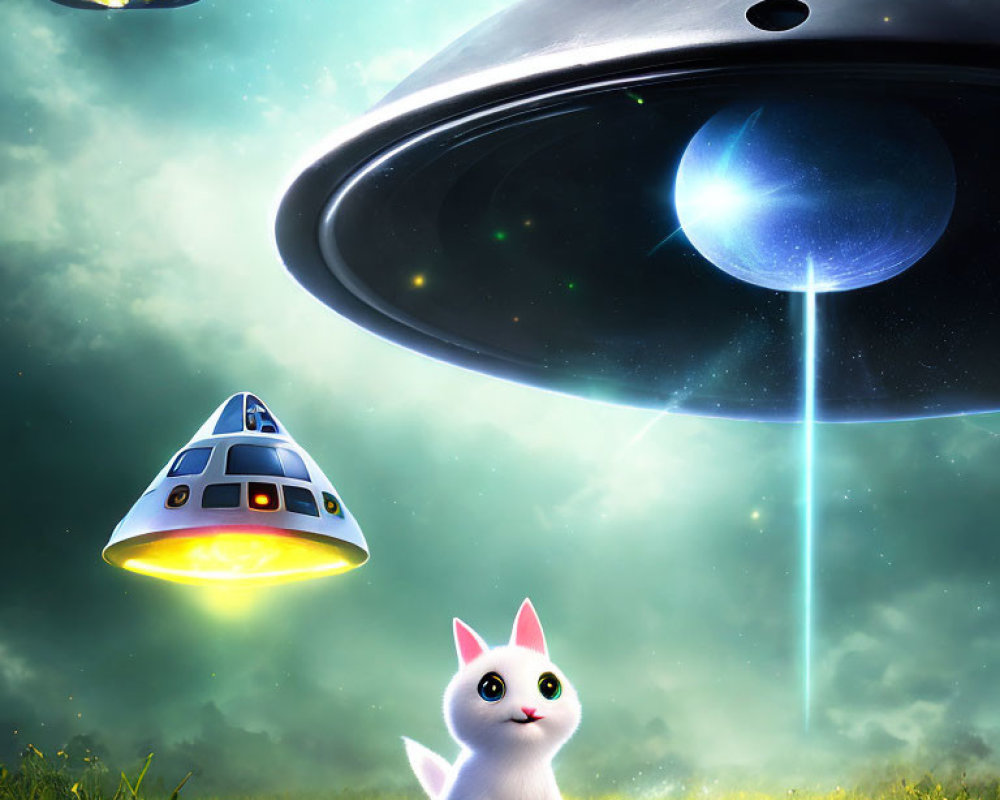 Cartoon-style kitten gazes at UFOs in starry field