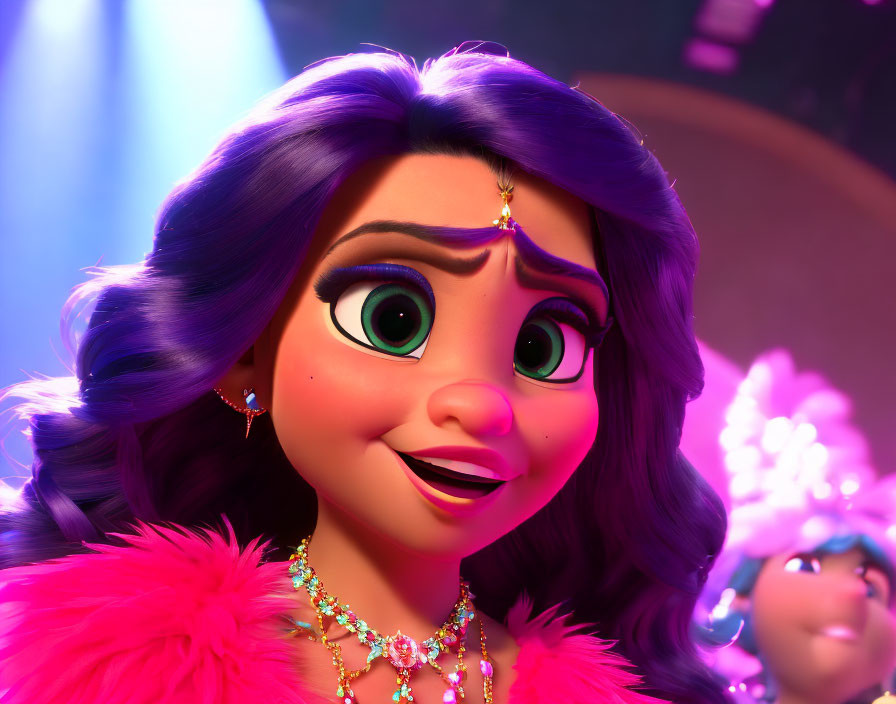 Detailed view of 3D animated female character with purple hair, jewelry, and pink boa