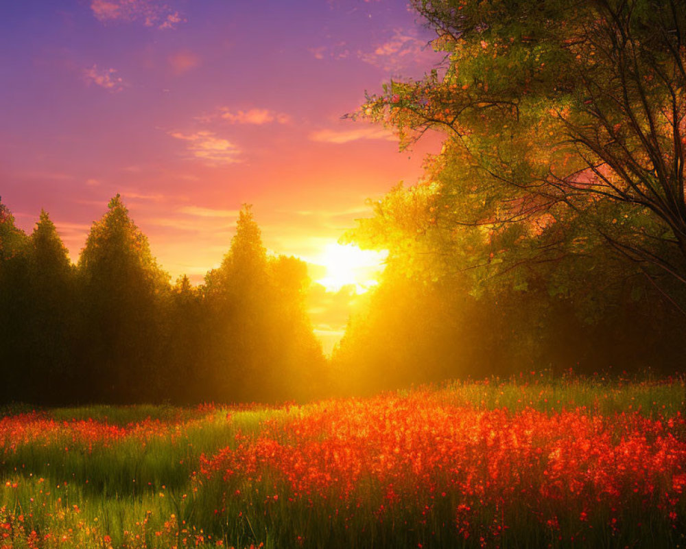 Radiant sunset over red flowers and green trees