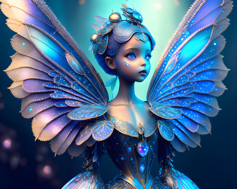 Detailed Digital Artwork: Fantasy Fairy with Blue Wings & Jeweled Dress