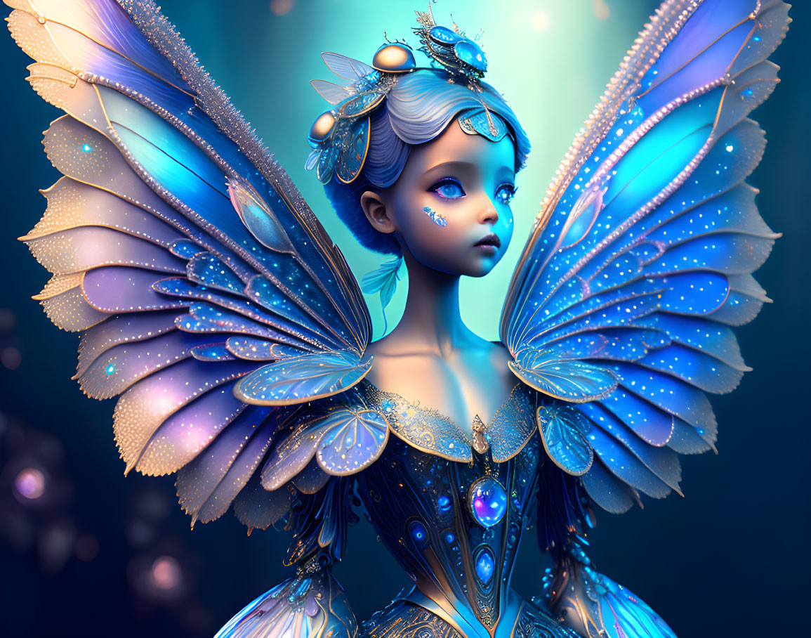 Detailed Digital Artwork: Fantasy Fairy with Blue Wings & Jeweled Dress