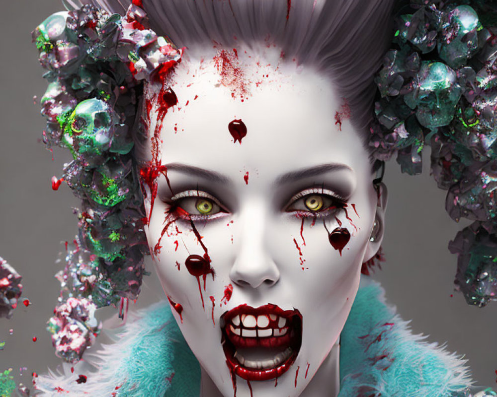 3D illustration of woman with green eyes, crystal decorations, blood splatters, intense expression