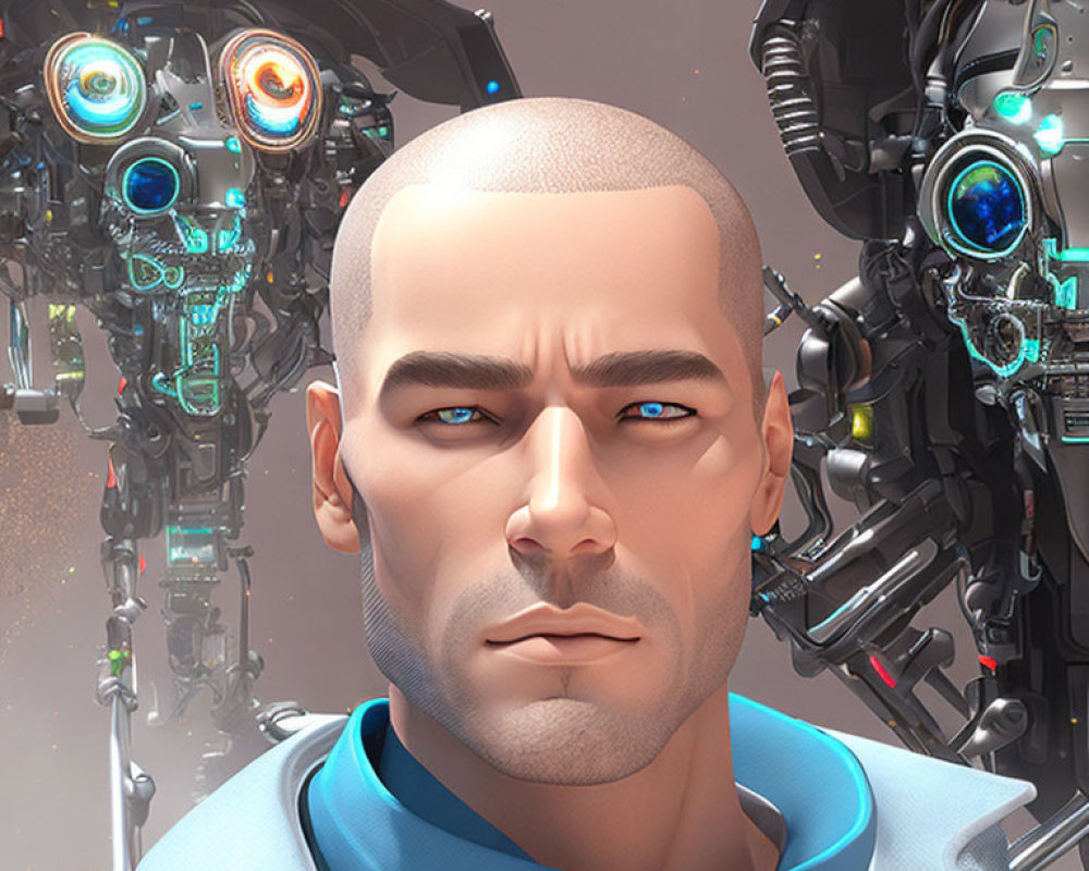 Man with Blue Eyes and Shaved Head with Robotic Figure in Background