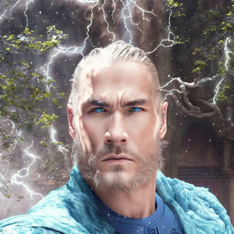 White-haired man with blue eyes in dynamic digital art with mystical forest background