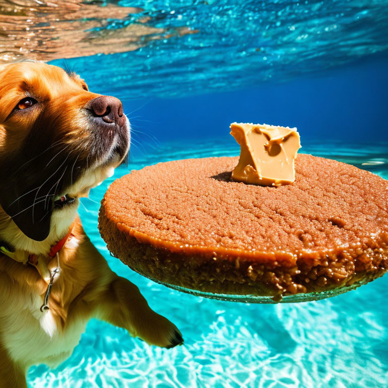 Dog by Pool Observing Giant Rice Crispy Treat with Butter Piece