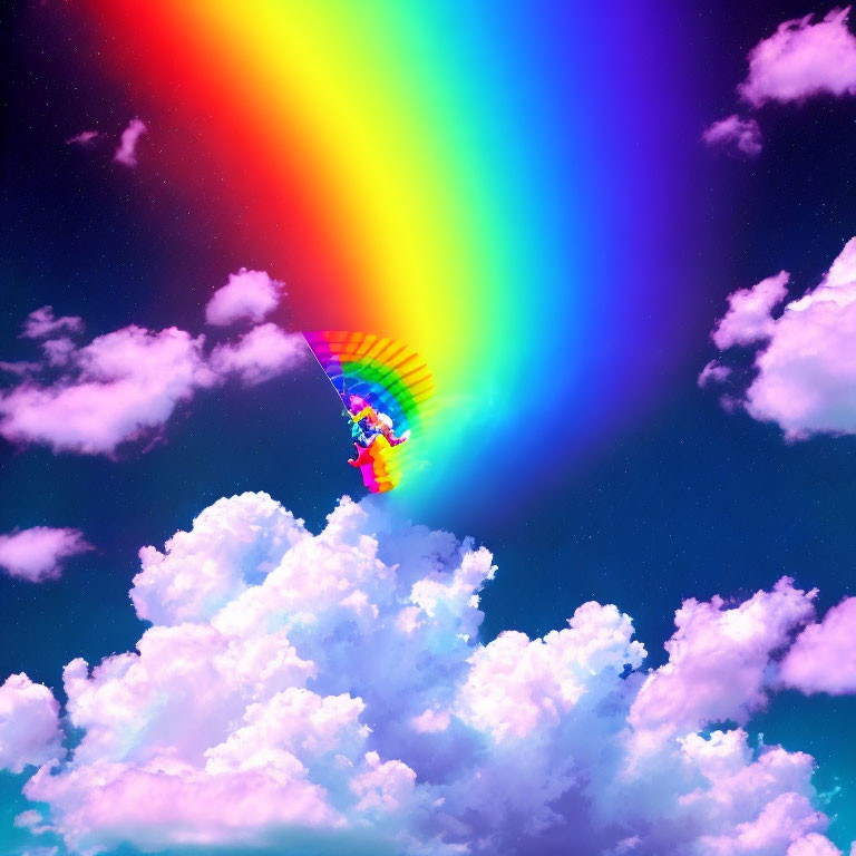 Colorful rainbow over blue sky with paragliding figure