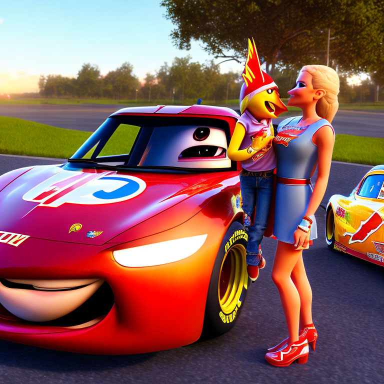 Red animated race car with eyes and woman holding chicken mascot beside another race car