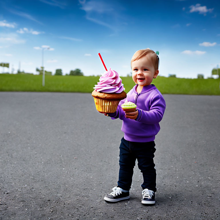 Toddler with Giant Cupcake on Road in Purple Sweater