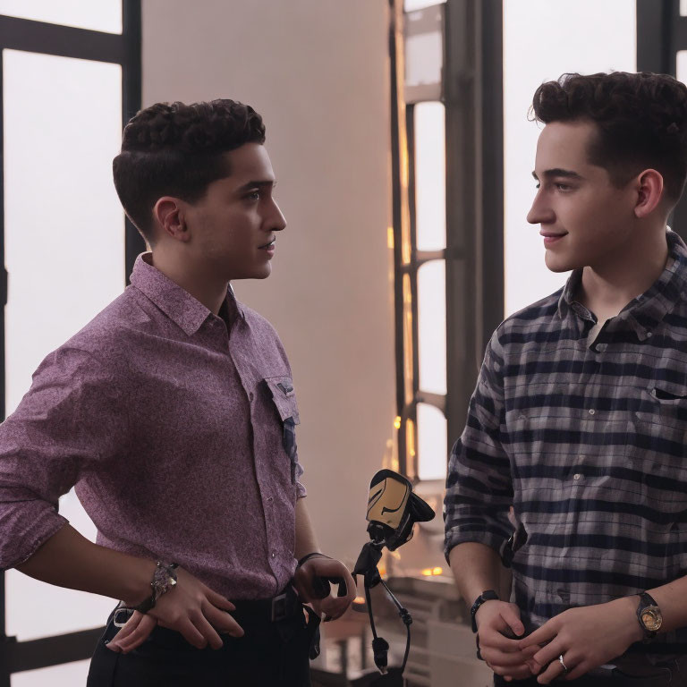 Two young men conversing indoors near a window with a microphone.