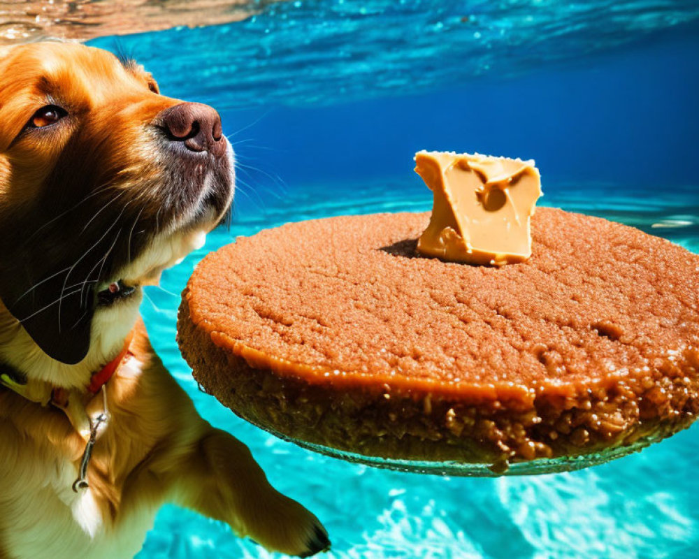 Dog by Pool Observing Giant Rice Crispy Treat with Butter Piece