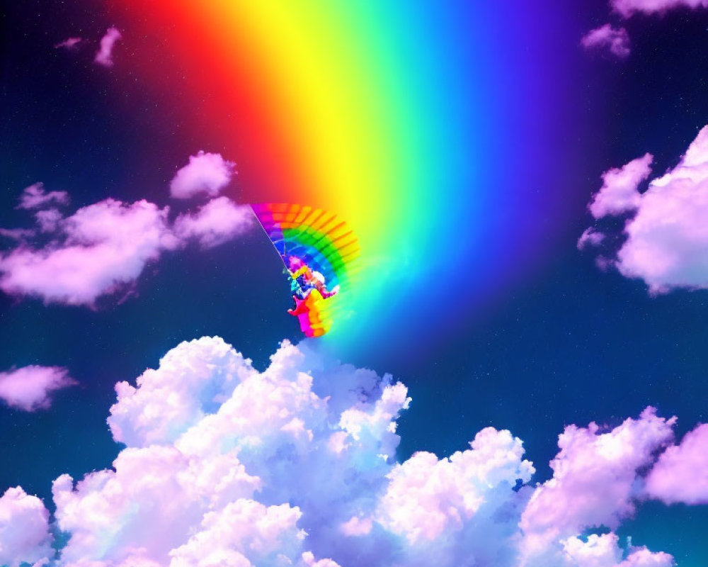 Colorful rainbow over blue sky with paragliding figure