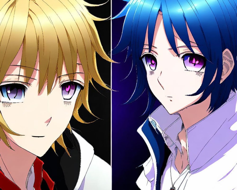 Anime characters with striking eyes: one blond with red jacket, the other blue with white coat, against