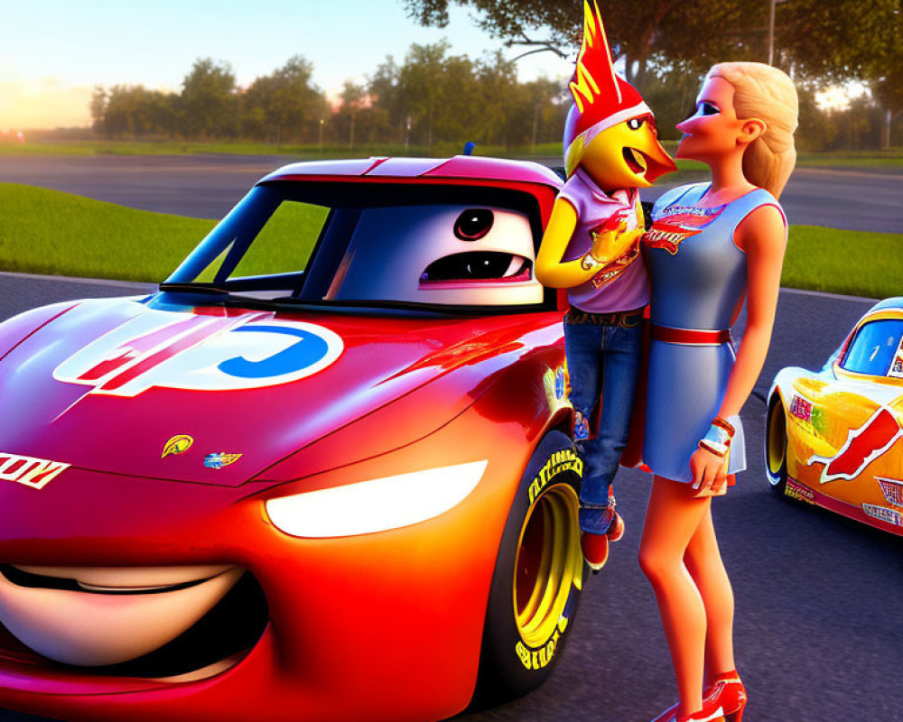 Red animated race car with eyes and woman holding chicken mascot beside another race car