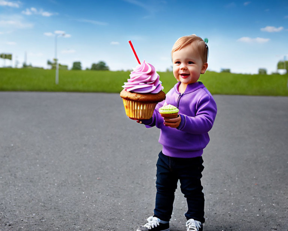 Toddler with Giant Cupcake on Road in Purple Sweater