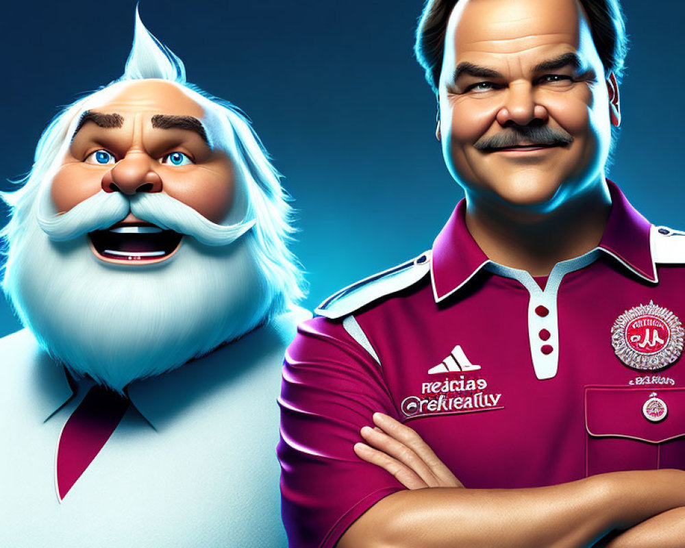 Two animated male characters: one with white beard in chef outfit, the other in pink sports polo.