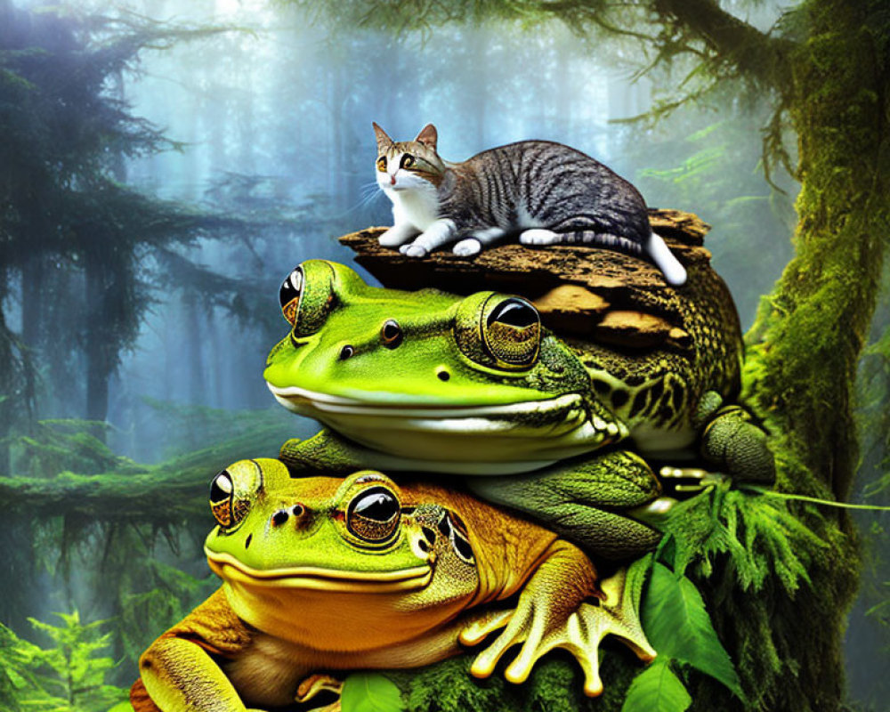 Cat resting on stack of green frogs in foggy forest landscape