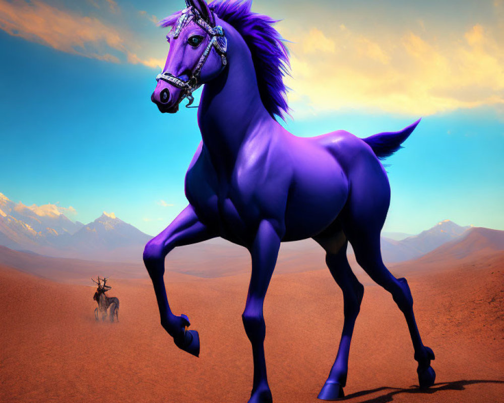 Purple horse with pink bridle in desert landscape with mountains and antelope