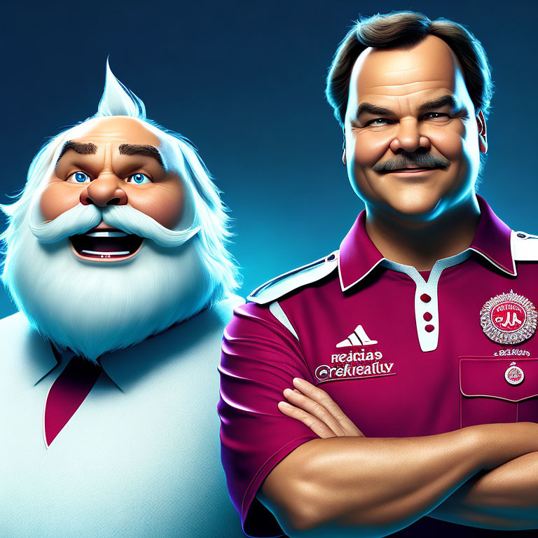 Two animated male characters: one with white beard in chef outfit, the other in pink sports polo.