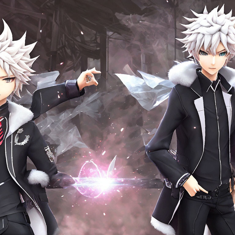 Anime-style male characters with spiky white hair in black outfits with silver accents, surrounded by shattered