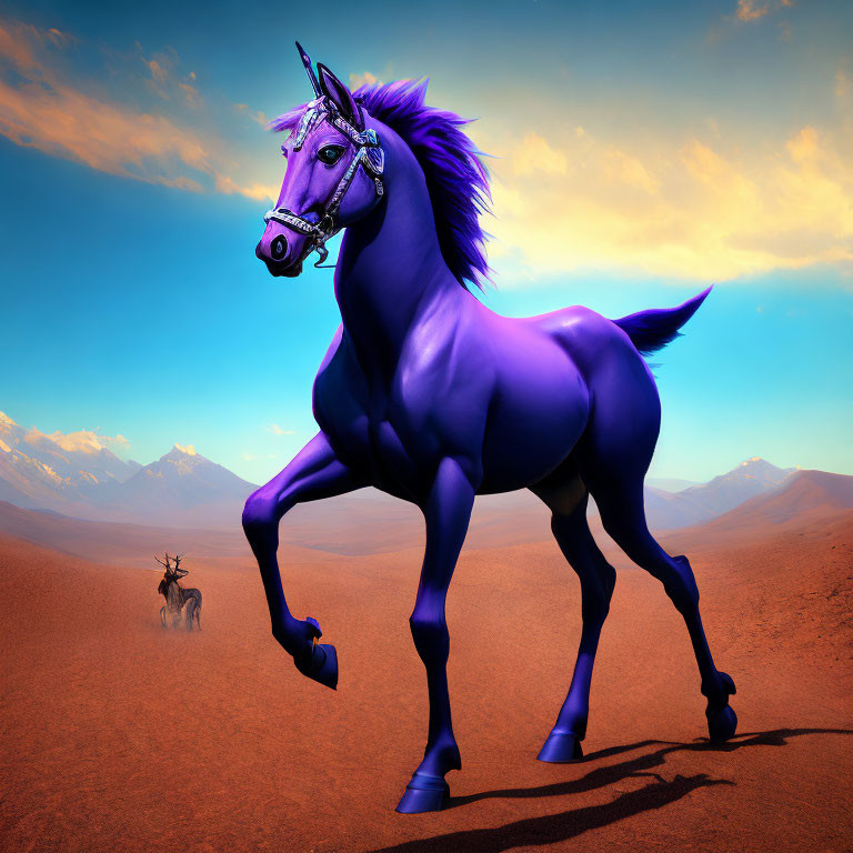 Purple horse with pink bridle in desert landscape with mountains and antelope