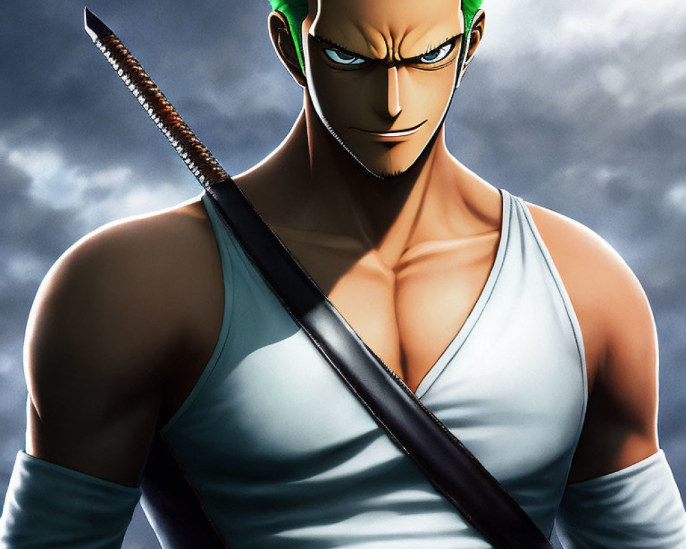 Green-haired character in glasses with sword, stern expression, white top, stormy background