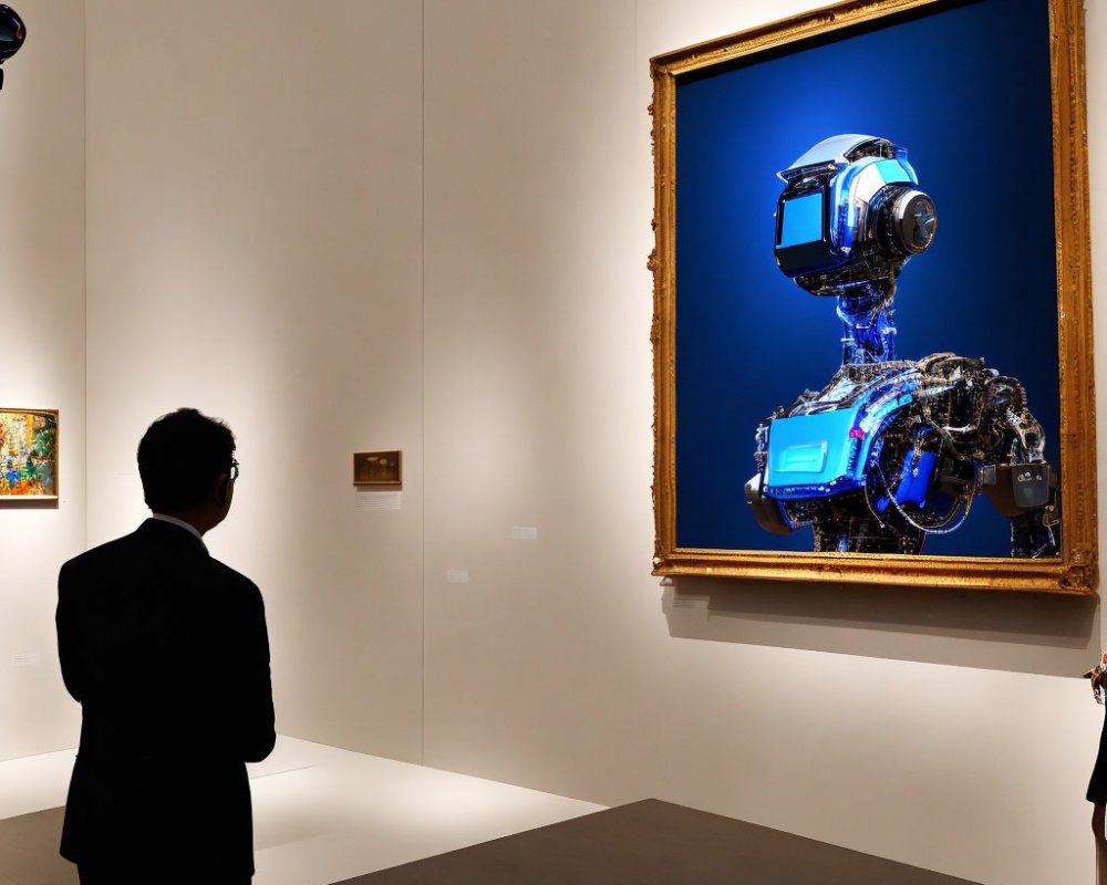 Gallery visitor admiring futuristic robotic figure artwork.