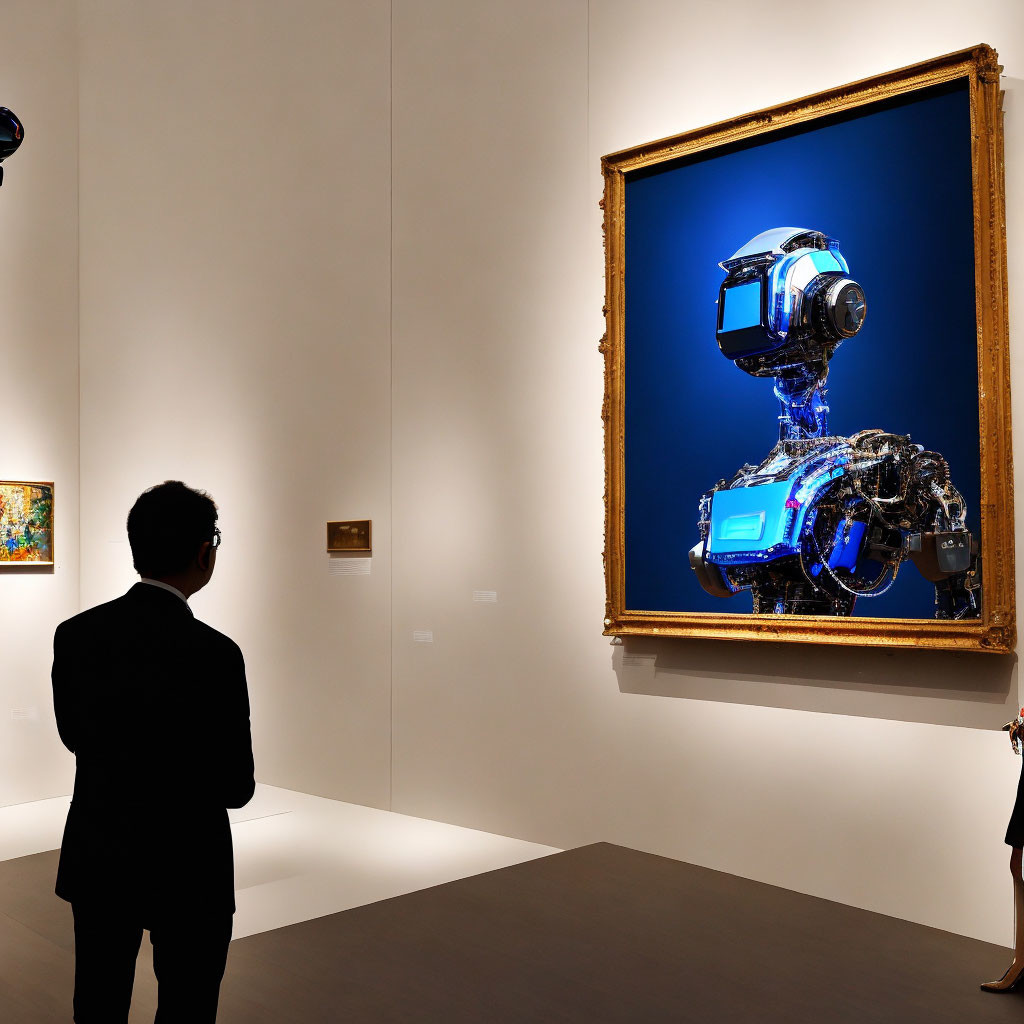 Gallery visitor admiring futuristic robotic figure artwork.