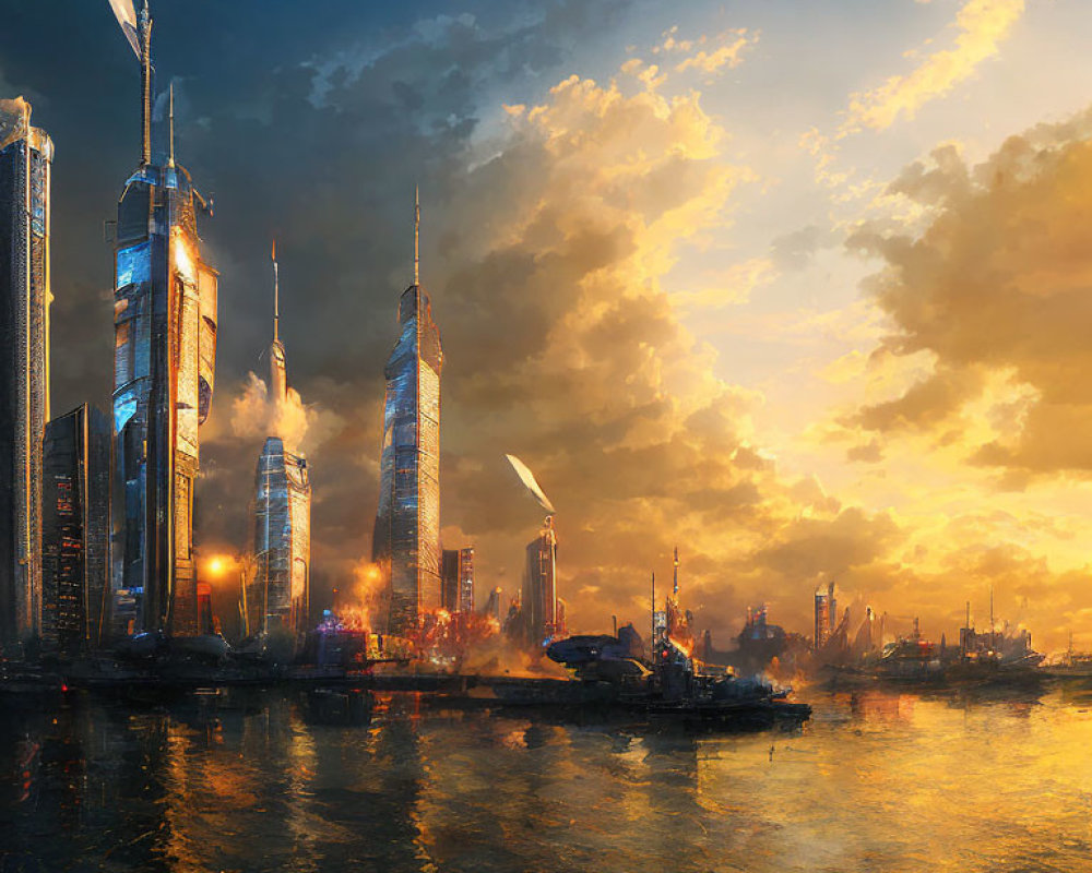 Futuristic cityscape at sunset with skyscrapers and waterways