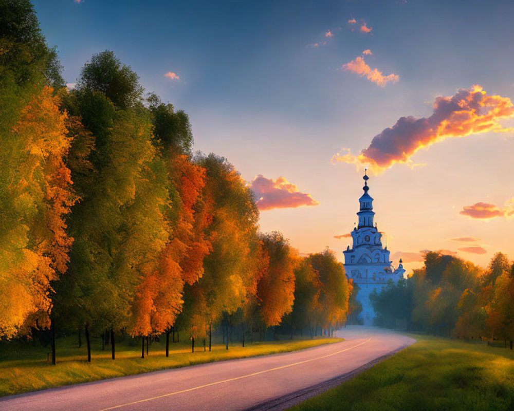 Tranquil Road with Autumn Trees Leading to Elegant Church