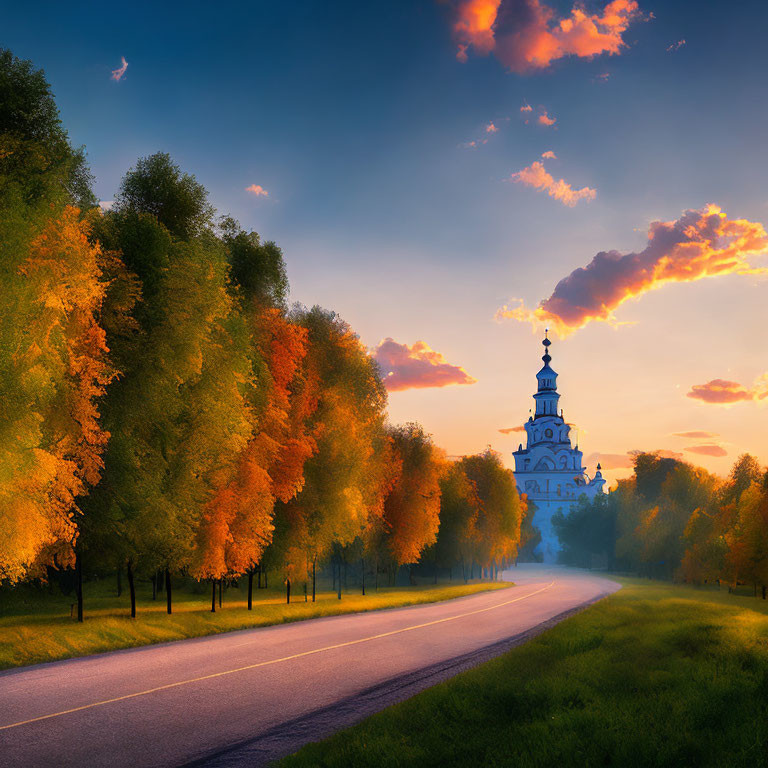 Tranquil Road with Autumn Trees Leading to Elegant Church