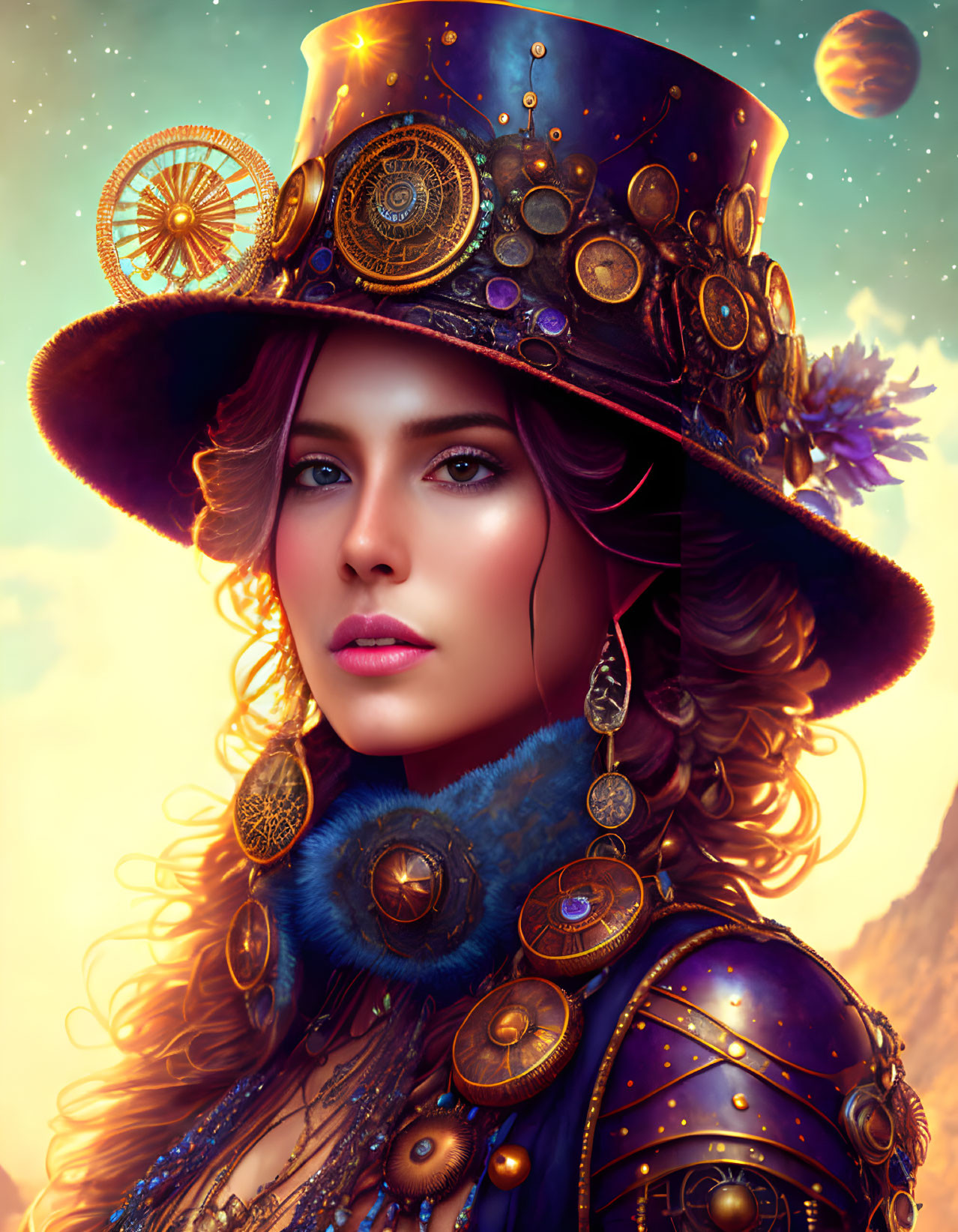 Steampunk-themed woman in gear-adorned outfit and intricate hat.