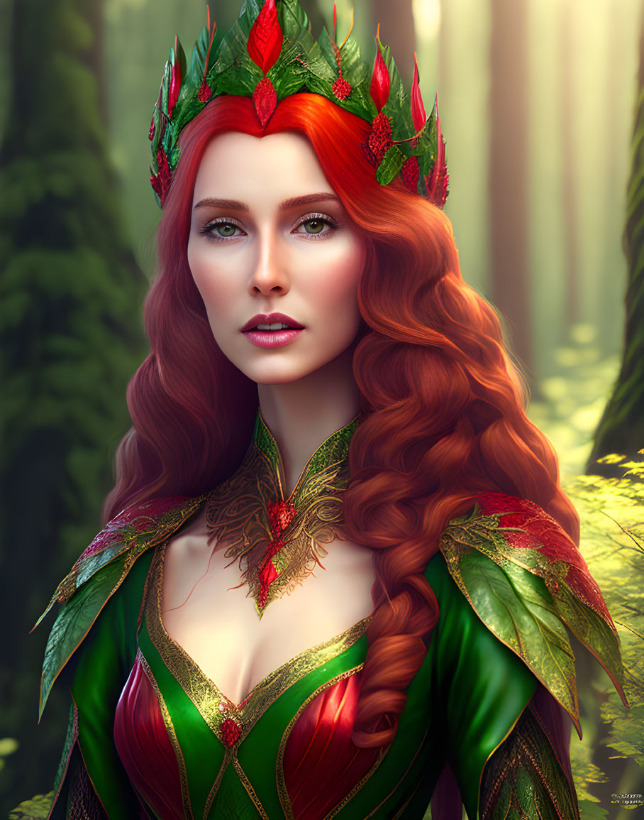 Digital art portrait of woman with red hair and leafy crown in enchanted forest